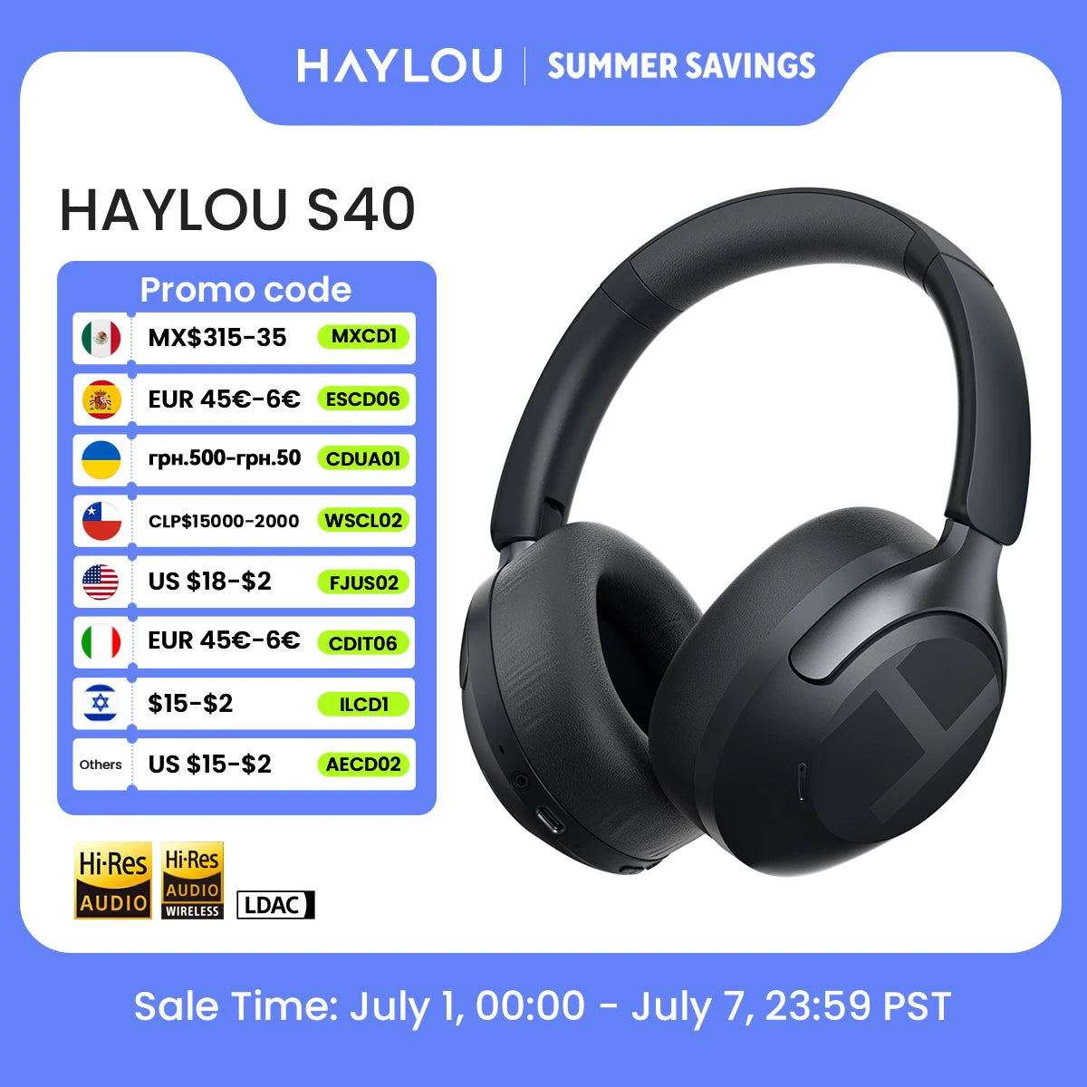 HAYLOU S40 ANC Wireless Headphone 50dB Noise Canceling Hi-Res 3D Spatial Audio Earphone with LDAC Bluetooth 6.0 Over Ear Headset